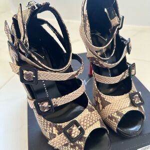 Giuseppe Zanotti Beige and Brown Snake-Print Strappy Heels